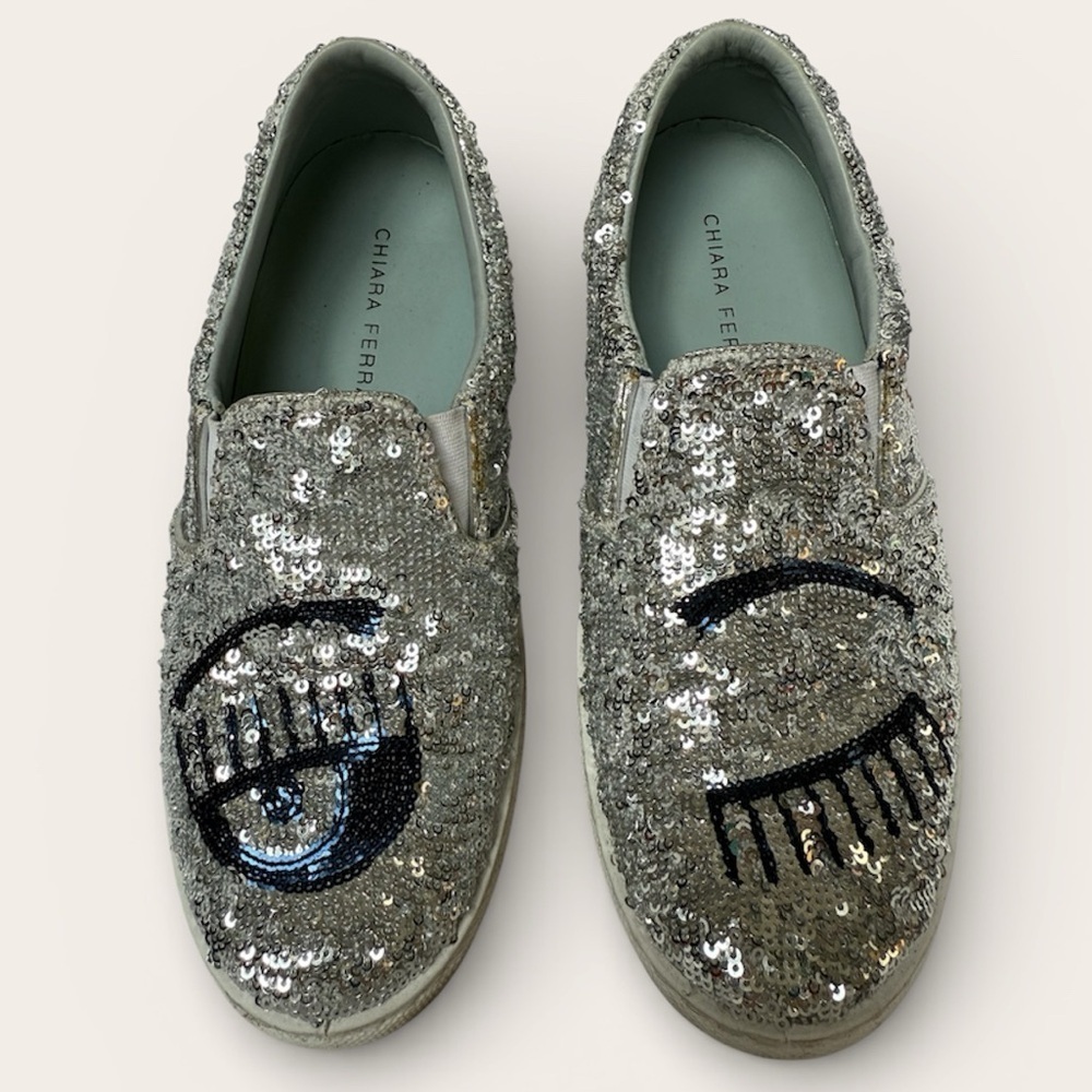 Chiara Ferragni Flirting Silver Sequin Slip On Shoes Size 38